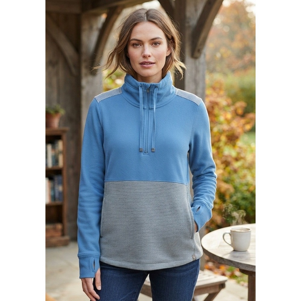 L.L.Bean Pullover Funnel Neck Hoodie Women's L Reg Gray Blue Cotton Colorblock